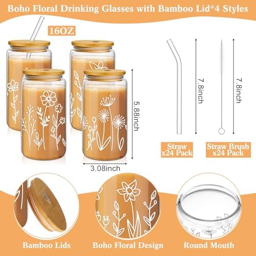 Mumufy 24 Pack Boho Floral Glass Cup, 16 oz Tumbler Mug with Bamboo Lid - Image 2