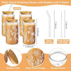 Mumufy 24 Pack Boho Floral Glass Cup, 16 oz Tumbler Mug with Bamboo Lid - Image 2