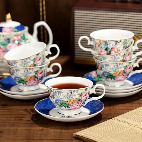 fanquare 21-Piece Blue Lace Porcelain Tea Set, China Coffee Cup and Saucer Set for 6, Pink Flower Tea Sets for Adults Women - Image 2