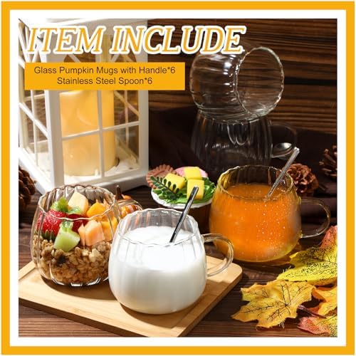 Layhit 6 Sets Pumpkin Shaped Glass Coffee Mugs with Spoons 13.5 oz Clear Tea Cups with Handle Mini Spoons for Milk, Latte, Cappuccino, Espresso, Cold or Hot Drinks - Image 3