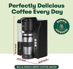 BELLA Single Serve Coffee Maker, Dual Brew, K-cup Compatible - Ground Coffee Brewer with Removable Water Tank & Adjustable Drip Tray, Perfect for Travel Mug - Image 2