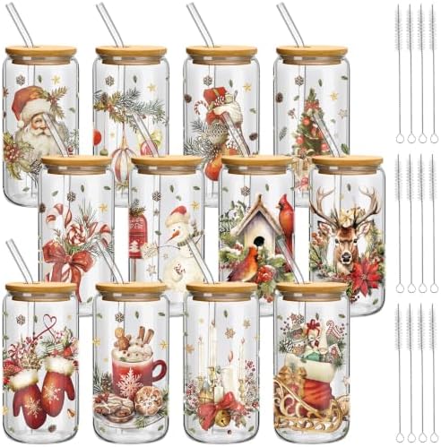 Teenyyou 12 Sets of Christmas Glasses Cups with Bamboo Lid and Glass Straw 16 oz Vintage Christmas Glass Jar Winter Drinking Cups Santa Snowman Elk Coffee Cup for Women Men Xmas Holiday Party Gifts by Teenyyou