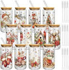 Teenyyou 12 Sets of Christmas Glasses Cups with Bamboo Lid and Glass Straw 16 oz Vintage Christmas Glass Jar Winter Drinking Cups Santa Snowman Elk Coffee Cup for Women Men Xmas Holiday Party Gifts by Teenyyou