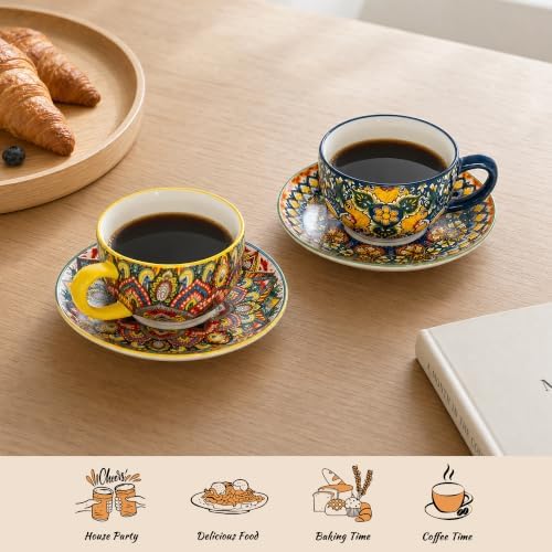 Henten Home 8.5 oz Ceramic Cappuccino Cups, Latte Cup with Saucers Set of 2 - Image 5