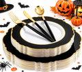 WDF 30Guest Black and Gold Plastic Plates - Gold Plastic Silverware With Black Handle Baroque Black and Gold Disposable Dinnerware for Wedding/Party/Birthday/Halloween by WDF