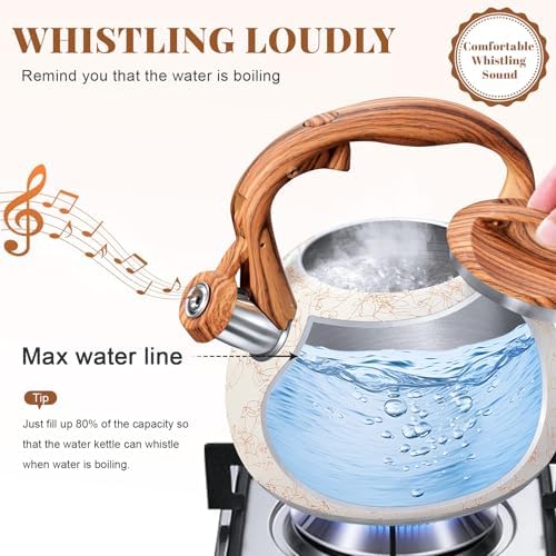 GGC Tea Kettle for Stove Top, Loud Whistling Kettle for Boiling Water Coffee or Milk, 3.1 Quart Stainless Steel Art Line White Pot with Wood Pattern Handle, Unique Button Control Outlet - Image 4