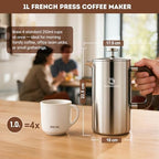 TOMAKEIT 1L/34 Oz French Press Coffee Maker,304 Stainless Steel Coffee Press,Durable & Easy Clean,Leak-Proof Design,Prensa Francesa Para Cafe for Home,Office,Camping (Silver-Upgrade) - Image 4