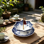 Porcelain Ceramic Tea Strainer, Umbrella Shape Chinese Blue and White Loose Leaf Filter with Rotating Design, Fine Mesh Tea Infuser for Kung Fu Tea, Coffee, Brewing (B) - Image 5