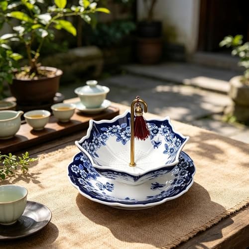 Porcelain Ceramic Tea Strainer, Umbrella Shape Chinese Blue and White Loose Leaf Filter with Rotating Design, Fine Mesh Tea Infuser for Kung Fu Tea, Coffee, Brewing (B) - Image 5