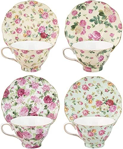 Gracie China by Coastline Imports Rose Chintz 8-Ounce Porcelain Tea Cup and Saucer, Set of 4 - Image 3