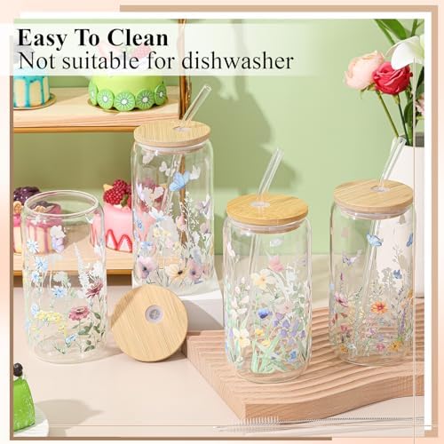 Mumufy 24 Pcs Pastel Wildflower Glass Cup, 16oz Tumbler Mug with Bamboo Lid - Image 4
