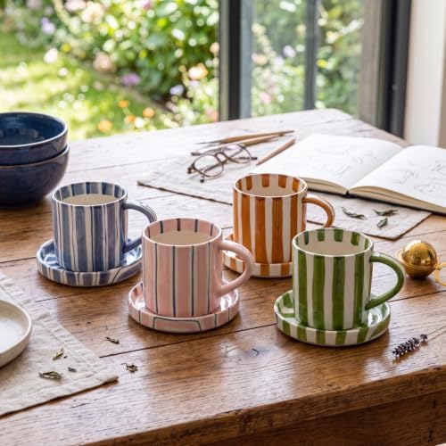 Willinglong 4 Pcs 8 Oz Hand Painted Striped Ceramic Coffee Mug Saucer Set, Retro Cappuccino Cup, Underglaze Safe, Microwave Dishwasher Safe, Gift for Tea Latte Espresso by Willinglong