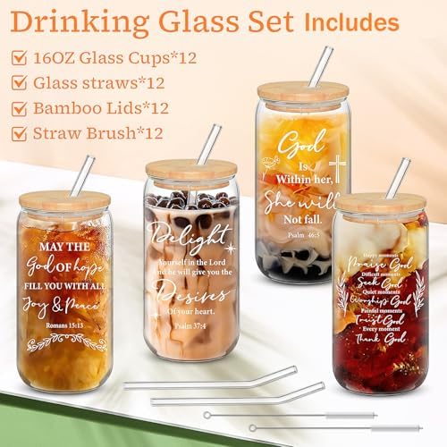 12 Set Christian Gifts Bulk 16oz Can Shaped Glass Cup with Lids Straws - Image 6
