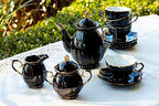 Grace Teaware Black Gold 11 Piece Black Gold Scallop Fine Porcelain Tea Set Hand Decorated Teapot Sugar Creamer Cup Saucer - Image 2