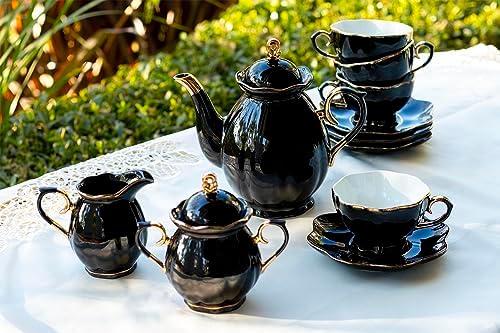 Grace Teaware Black Gold 11 Piece Black Gold Scallop Fine Porcelain Tea Set Hand Decorated Teapot Sugar Creamer Cup Saucer - Image 2