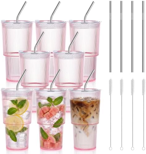 8 Pcs 20oz Acrylic Ribbed Tumblers with Lid and Straws Pink Plastic Reusable Iced Coffee Cups with Lid Unbreakable Vintage Ribbed Drinking Glasses Tumbler for Juice Smoothie Beverage with Clean Brush by SMAODSGN