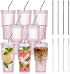 8 Pcs 20oz Acrylic Ribbed Tumblers with Lid and Straws Pink Plastic Reusable Iced Coffee Cups with Lid Unbreakable Vintage Ribbed Drinking Glasses Tumbler for Juice Smoothie Beverage with Clean Brush by SMAODSGN