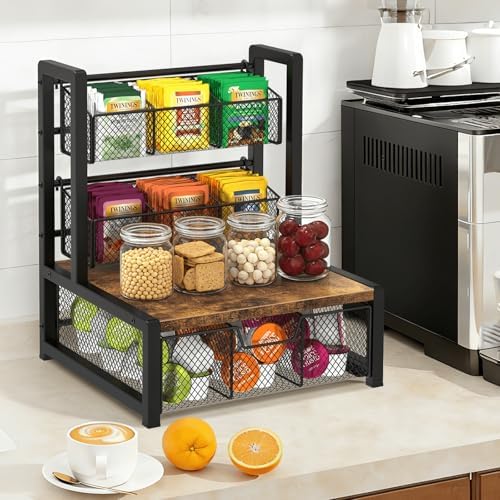 Homode Tea Bag Organizer, 3 Tier Tea Storage Box, Rustic Brown - Image 4