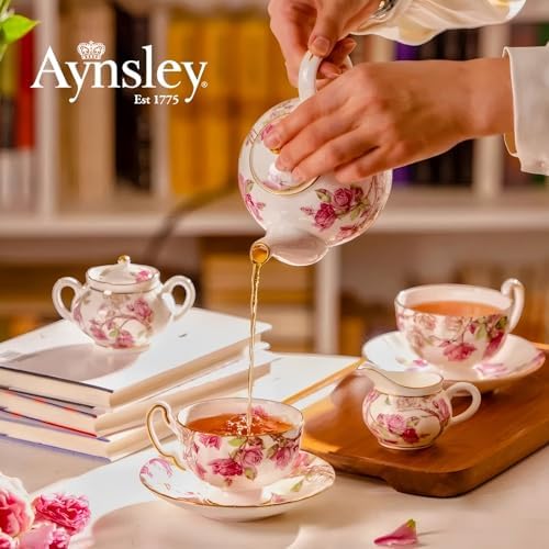 Aynsley Fine Bone China Elizabeth Rose Teapot and Set of 2 Teacups & Saucers - Image 3