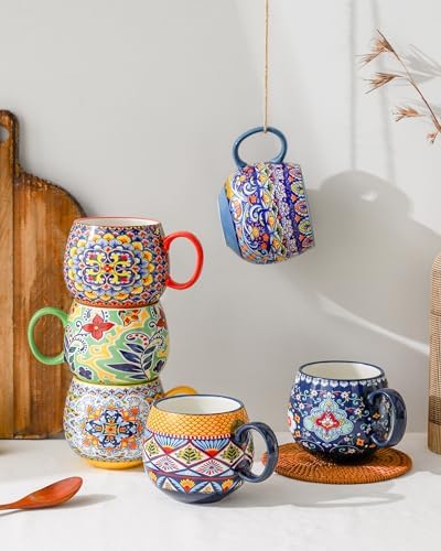 HENXFEN LEAD Large Boho Ceramic Coffee Mugs Set of 6, 20 oz - Image 4
