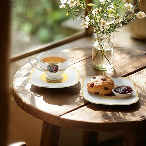 Luxury White & Gold Embossed Tea Cups and Saucers with Teapot, Sugar Bowl, & &Creamer, Vintage European Porcelain Coffee Set for Tea Party, Wedding, Gift (Gole & Rose, 4pcs/set) - Image 3
