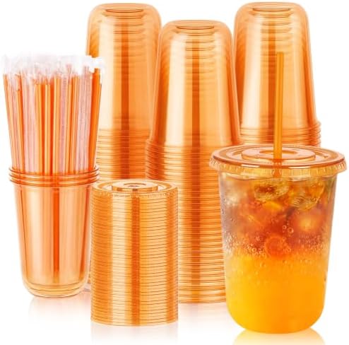 tchrules 100 Set 16oz Orange Plastic Iced Coffee Cups with Lids & Straws by TCHRULESHOME