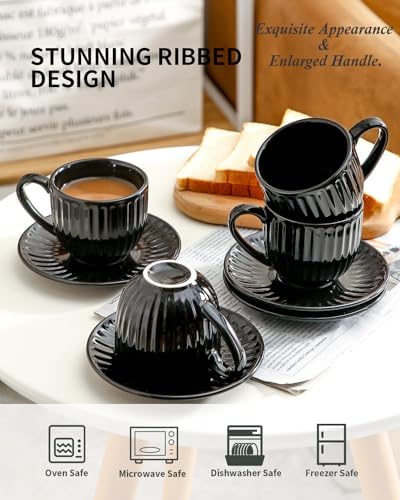 HASENSE Ceramic Cappuccino Cups and Saucers - 8 Oz, Large Ribbed Coffee Mugs Set of 4 for Coffee,Tea,Latte and Macchiato, Demitasse Cups Set Aesthetic Gifty, Black - Image 4