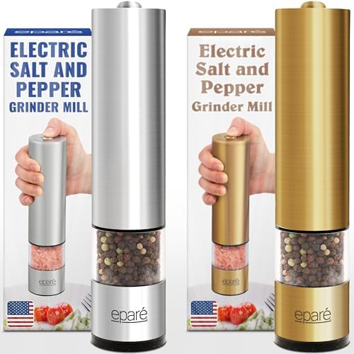 Eparé Bundle: Salt and Pepper Grinder & Copper Salt or Pepper Grinder - Battery Operated Ceramic Burr Peppermill - Stainless Steel - Powerful Mill With LED Light by Epare