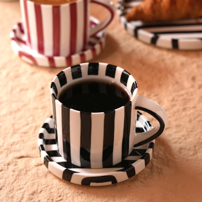 Festive Red and White Striped Ceramic Coffee Mug and Saucer Set, 200ml Latte & Tea Cup Gift for Holidays (Black) - Image 5