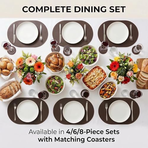 Premium Oval Faux Leather Placemat & Coaster Set with Innovative Cork-Look Printed Base，4/6/8-Piece Sets & 8 Colors，Non-Slip Dining Table Mats for Kitchen Dining - Image 7