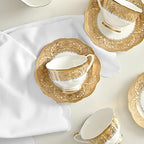 Luxury White & Gold Embossed Tea Cups and Saucers with Teapot, Sugar Bowl, & &Creamer, Vintage European Porcelain Coffee Set for Tea Party, Wedding, Gift (Gold Lace, 4pcs/set) - Image 5