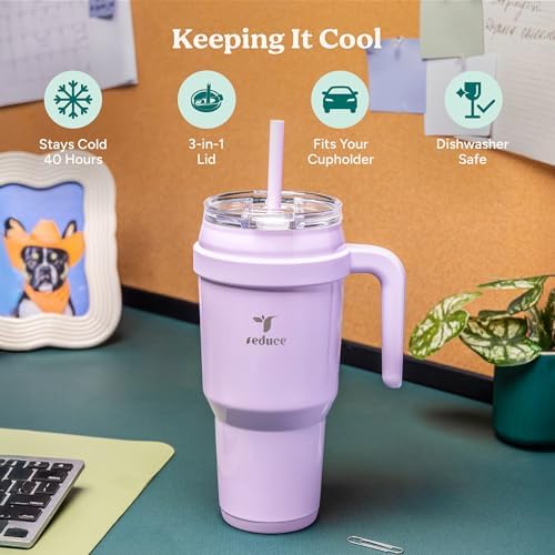 REDUCE Cold1 40 oz Tumbler with Handle - Vacuum Insulated Stainless Steel Water Bottle for Home, Office or Car, Reusable Mug with Straw or Leakproof Flip Lid, Keeps Drinks Cold All Day- Gloss Cotton - Image 3