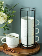 LYEOBOH Stackable Coffee Mugs with Rack, 13 oz Ceramic Coffee Mug Set of 4 with Stand, Latte Cup with Spoon, Cappuccino Cups for Hot Cocoa, Milk, White - Image 3