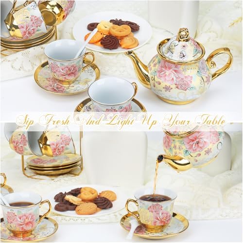 20 Pcs Porcelain Tea Set with Metal Holder and Spoon, European Ceramic Tea Set for Adults, European Flower Painting Teapot Cup Saucer Spoon Set for 6, Gift Pack (Pink and Gold) - Image 3