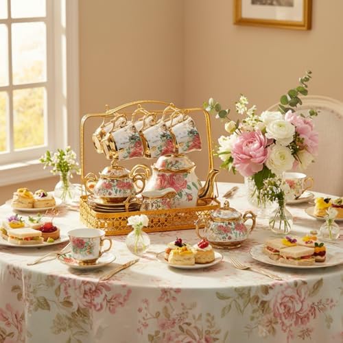 22 Pcs Vintage Porcelain Tea Sets for 6, White Rose Floral - Image 3