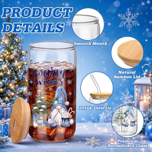 Teenyyou 12 Sets Christmas Glasses Cups with Bamboo Lid and Glass Straw, 16 oz Blue Winter Gnome Snowman Glass Jar Drinking Cups, Festive Elk Christmas Tree Coffee Cup for Xmas Holiday Party Gifts - Image 3