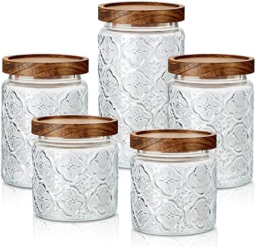 Gerrii 5 Pcs Glass Jar with Wood Lid Food Storage,Clear,Begonia Round by Gerrii