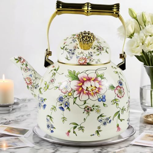 Vintage Tea Kettle 2.5L Rose Floral Enamel Stovetop Teapot Kitchen Decor - Image 2