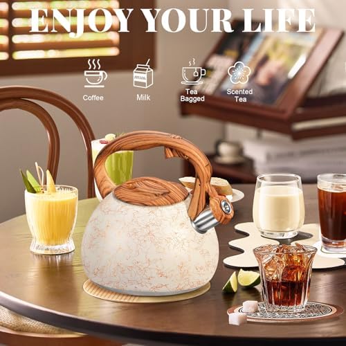 GGC Tea Kettle for Stove Top, Loud Whistling Kettle for Boiling Water Coffee or Milk, 3.1 Quart Stainless Steel Art Line White Pot with Wood Pattern Handle, Unique Button Control Outlet - Image 6