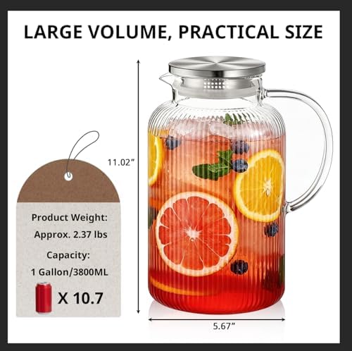 Bivvclaz 1 Gallon Glass Pitcher with Lid and Handle, Stripes Water Pitcher for Fridge, Borosilicate Glass Carafe for Hot/Cold Drink, Extra Large Jug for Iced Tea, Coffee, Juice, Homemade Beverage - Image 2