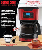 Better Chef Programmable 12-Cup Coffee Maker | 1-4 Cup Setting | Auto-Pause to Serve | 2hr Keep Warm | Perma-Filter | Stainless (Red) - Image 2