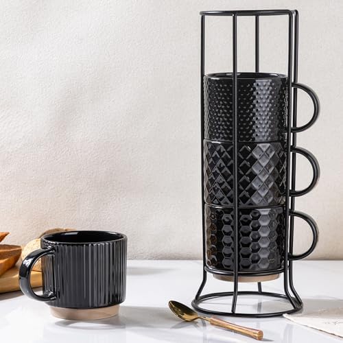 GBhome 12 OZ Stackable Coffee Mugs Set of 4, Ceramic Black Coffee Cups Set by GBhome