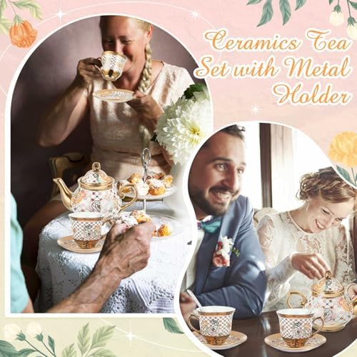 Zhehao 20 Pcs Porcelain Tea Set for Adult, with Metal Holder, Delicate - Image 5