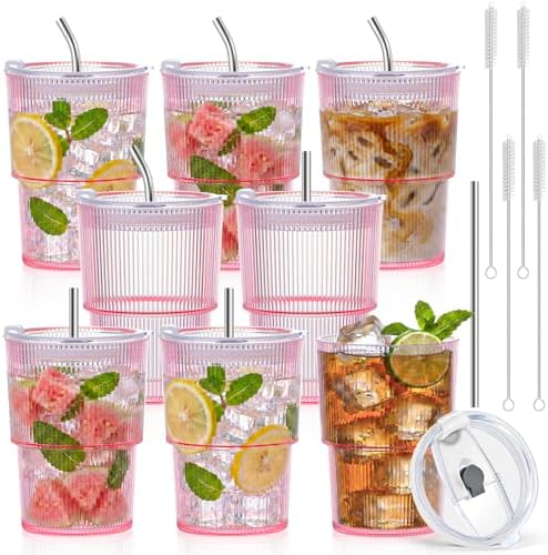 8 Pcs 15oz Plastic Tumblers with Lids and Straw Ribbed Iced Coffee Cups Pink Reusable Plastic Cups Leak-Proof Travel Iced Coffee Tumblers for Home Office Travel with Clean Brush by SMAODSGN