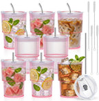 8 Pcs 15oz Plastic Tumblers with Lids and Straw Ribbed Iced Coffee Cups Pink Reusable Plastic Cups Leak-Proof Travel Iced Coffee Tumblers for Home Office Travel with Clean Brush by SMAODSGN