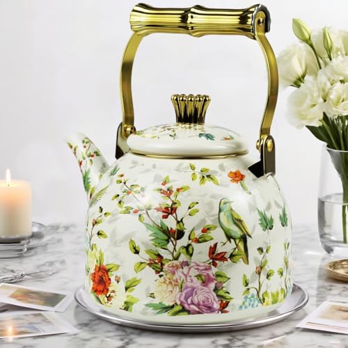 Vintage Enamel Tea Kettle Birds Floral Boho Stovetop Teapot with Gold Handle 2.5L Enamel Kettle Bohemian Kitchen Decor Ideal Gift for Housewarming Camping Coffee Pot - Image 5