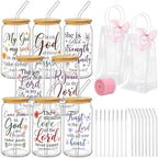 Iced Coffee Mugs, 8 Sets, Glass, 16 oz, Reusable, Floral Bible by Culudea