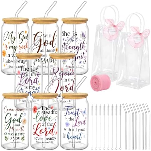 Iced Coffee Mugs, 8 Sets, Glass, 16 oz, Reusable, Floral Bible by Culudea