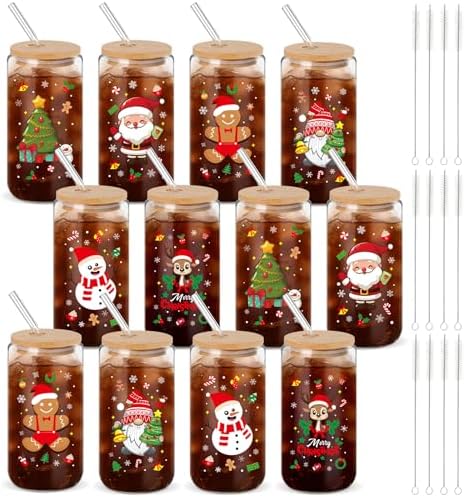 12 Pack Christmas Glass Cups Gifts, 16 oz Xmas Glass Tumbler, Classic Style by Acellegic