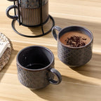 JIEMEI HOME Large Ceramic Coffee Mug Set of 4 with Stand, 15 Oz Stackable Embossment Ribbed Latte Cup Set for Cappuccino, Latte, Tea, Hot Cocoa, Drinks - Dishwasher & Microwave Safe, Dark Purple - Image 6